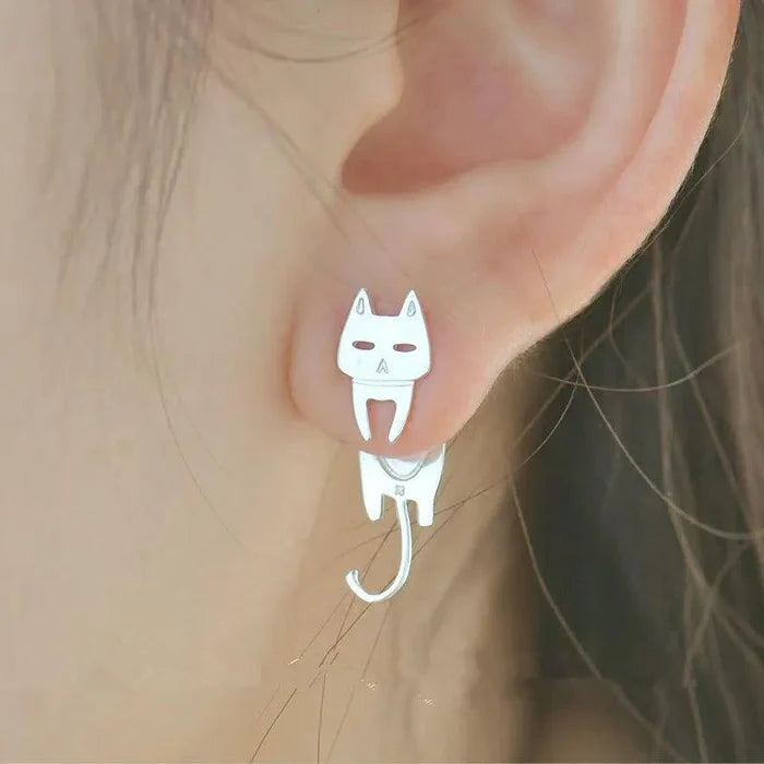 925 sterling silver cat-and-fish earrings with dangling cat face and fish charm