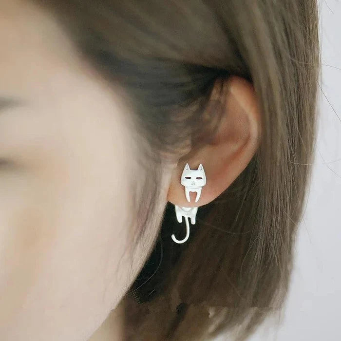 925 sterling silver cat-and-fish earrings, cat face stud with fish tail drop