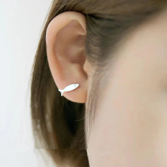 925 sterling silver cat-and-fish earrings, cat face stud with fish charm