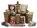 Holiday gift basket with assorted snacks: nuts, caramels, cookies, and chocolate bars