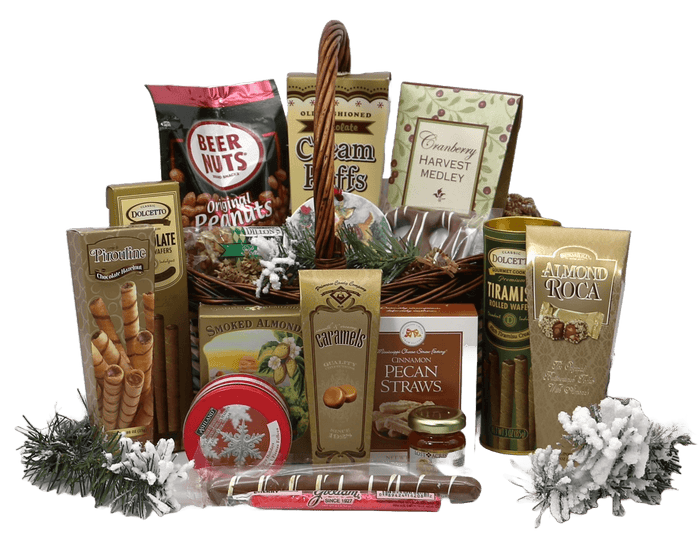 Holiday gift basket with assorted snacks: nuts, caramels, cookies, and chocolate bars