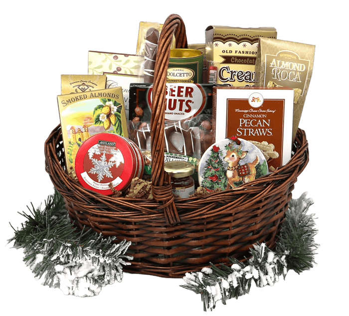Holiday gift basket with pecan straws, beer nuts, chocolate, almonds, and creamy spread
