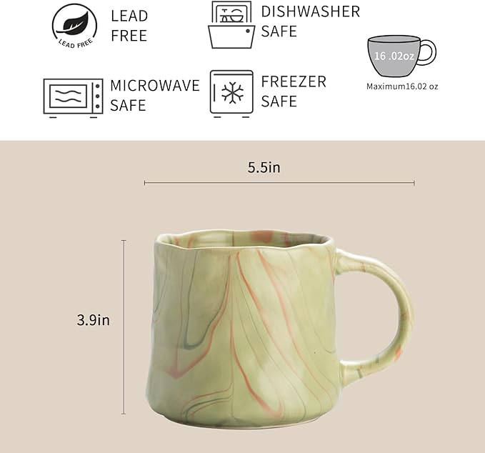 Mint green ceramic coffee mug with red and white abstract wave design, single view
