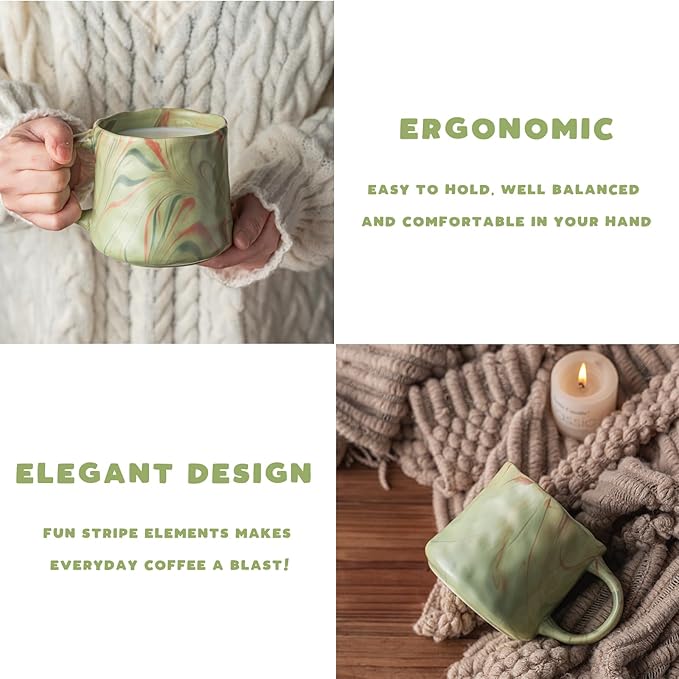 Mint green ceramic coffee mug with red and white abstract lines, curved handle
