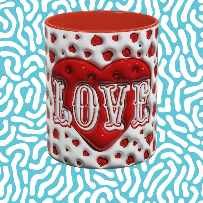 Accent coffee mug with red heart pattern and LOVE lettering, orange-red interior