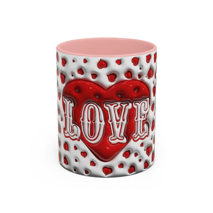 Accent coffee mug with red heart pattern and LOVE lettering, pink interior