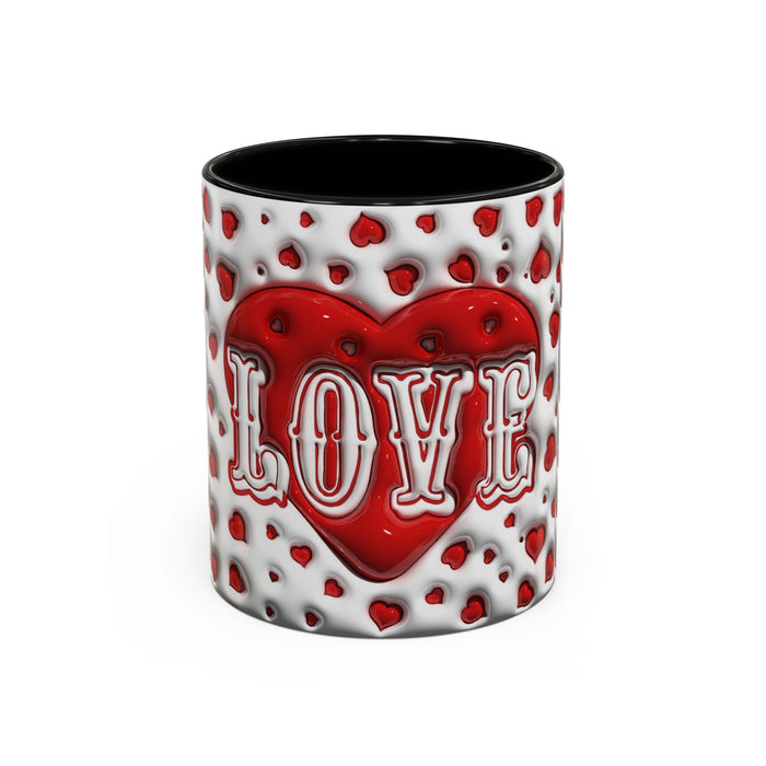Accent coffee mug with red heart pattern and LOVE lettering, black interior