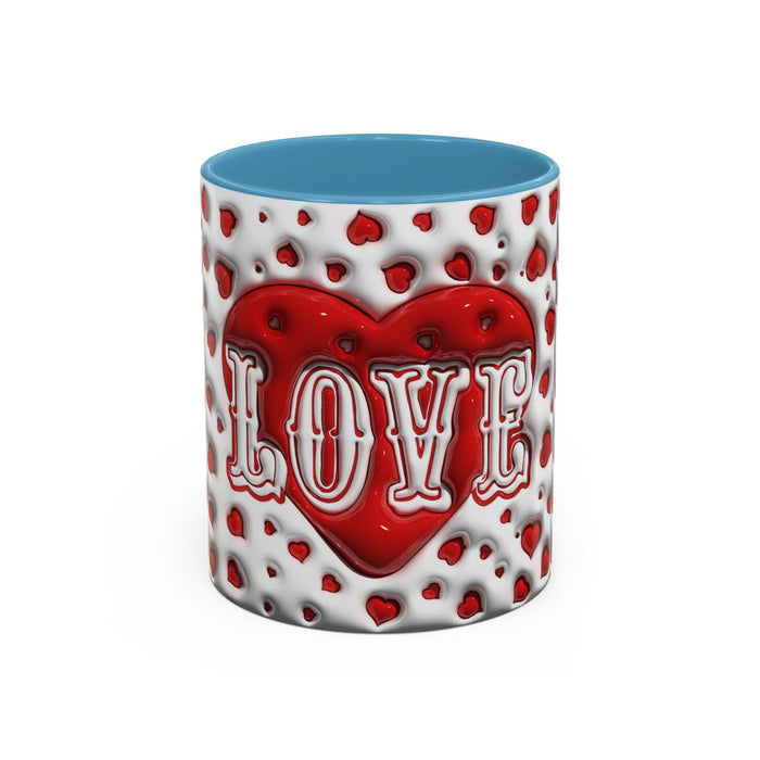 Accent coffee mug with red heart pattern and LOVE lettering, light blue interior
