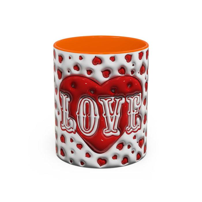 Accent coffee mug with red heart pattern and LOVE lettering, orange interior