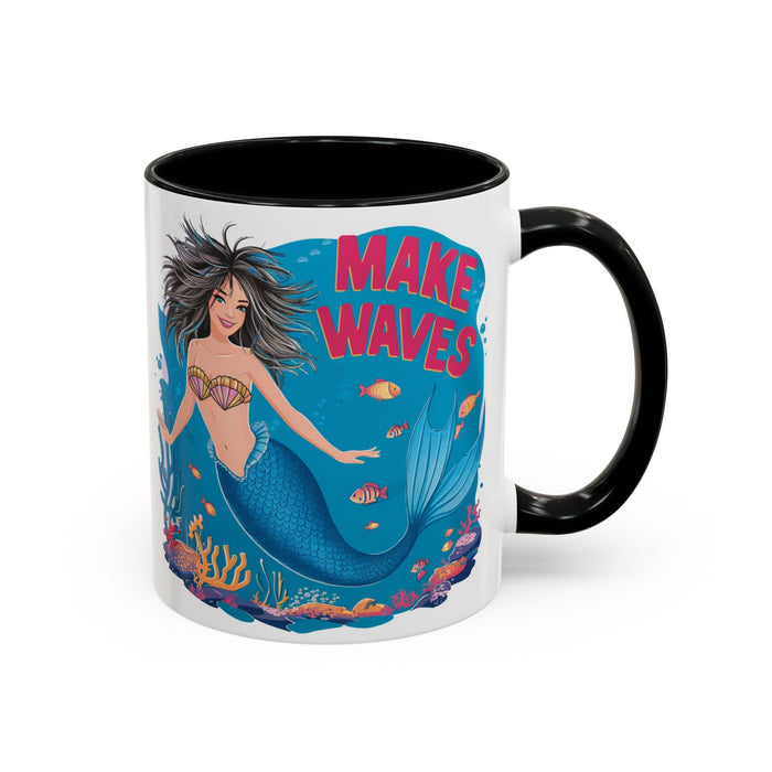 Coffee mug with black handle and rim; mermaid "MAKE WAVES" graphic with sea plants.