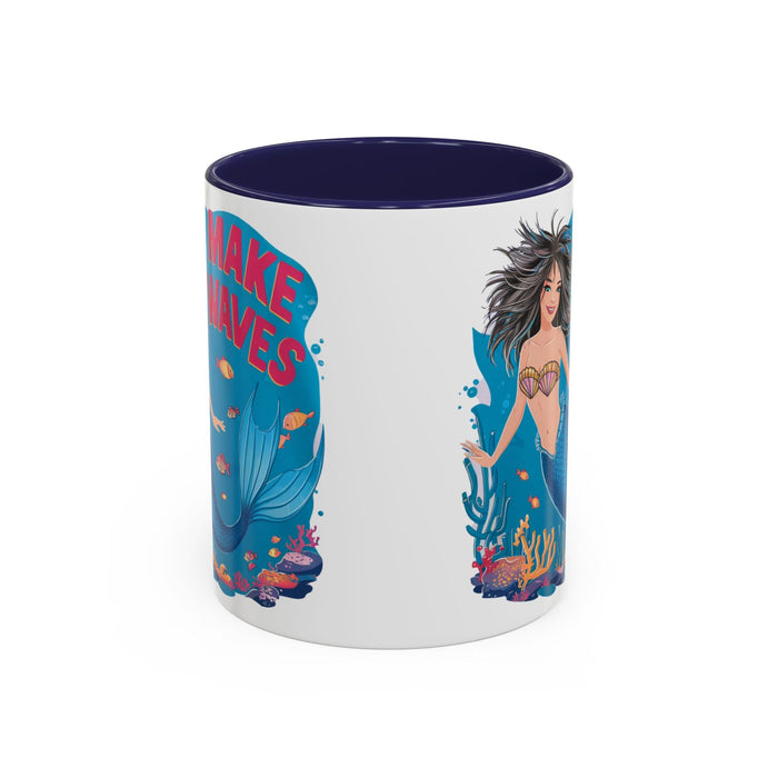 Navy-accent coffee mug shown from the side; mermaid "MAKE WAVES" artwork.