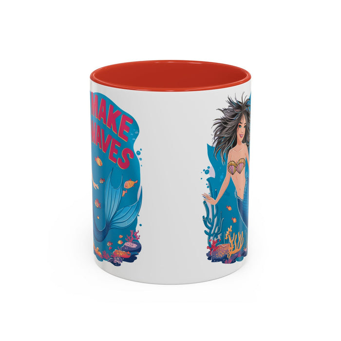 Red-accent coffee mug shown from the side; mermaid "MAKE WAVES" artwork.