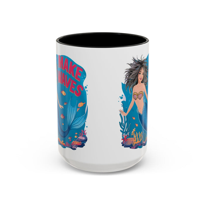 Black-accent coffee mug shown from the side; mermaid "MAKE WAVES" print.