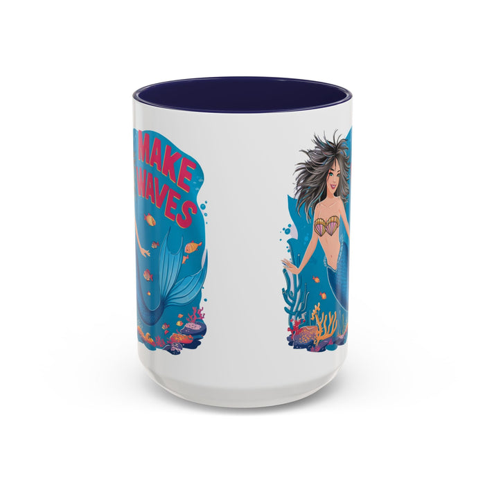 Navy-accent coffee mug shown from the side; mermaid "MAKE WAVES" print.