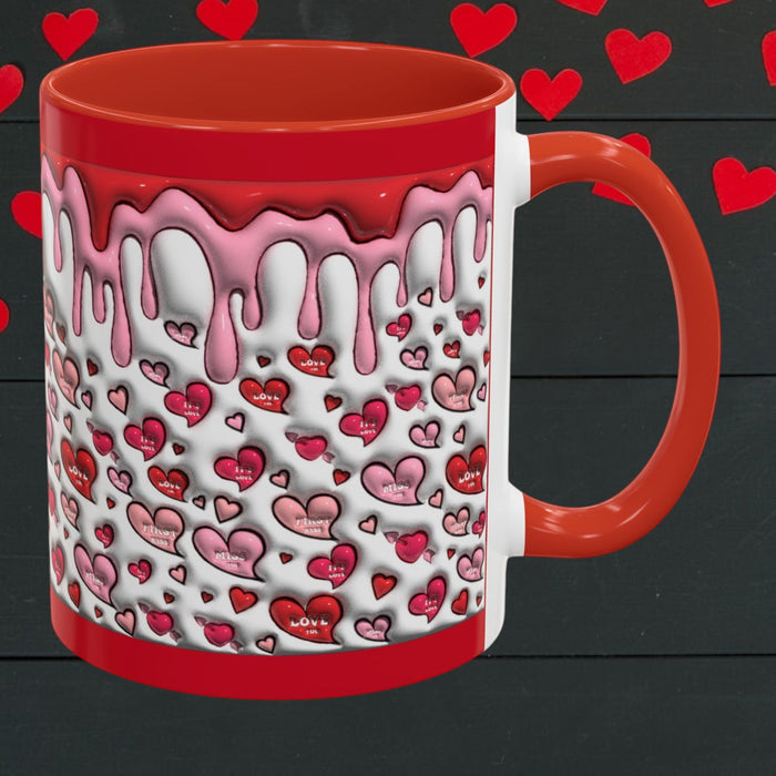 Red coffee mug with heart-and-drip pattern, red handle and rim, glossy finish