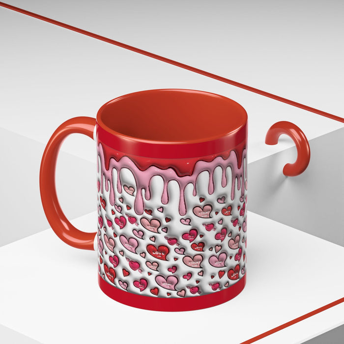 Red coffee mug with heart-and-drip pattern and red handle, round top in solid red