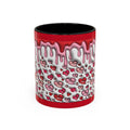 Coffee mug with heart-and-drip pattern, dark top, red base band, glossy white body