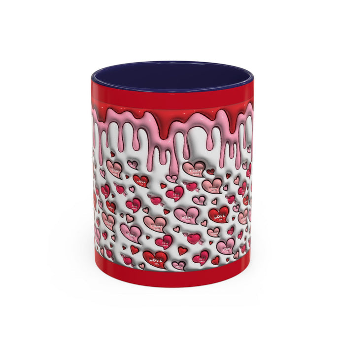 Coffee mug with heart-and-drip pattern, navy-blue top, red base band, glossy white body