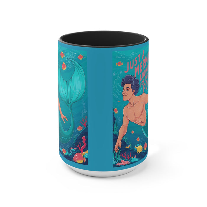 Blue accent mug with black interior, side panel mermaid artwork with fish and “Pod” text.