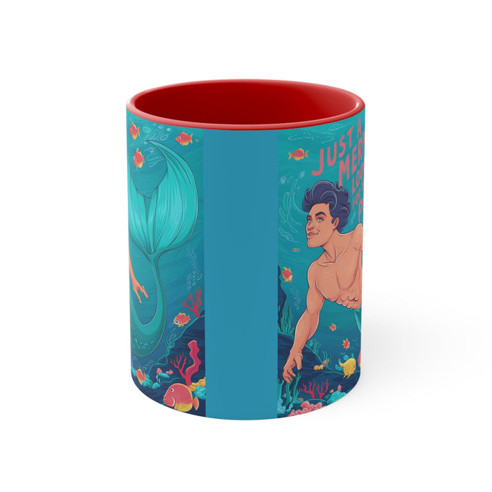 Blue accent mug with red interior, full side view of mermaid and “Pod” text design.