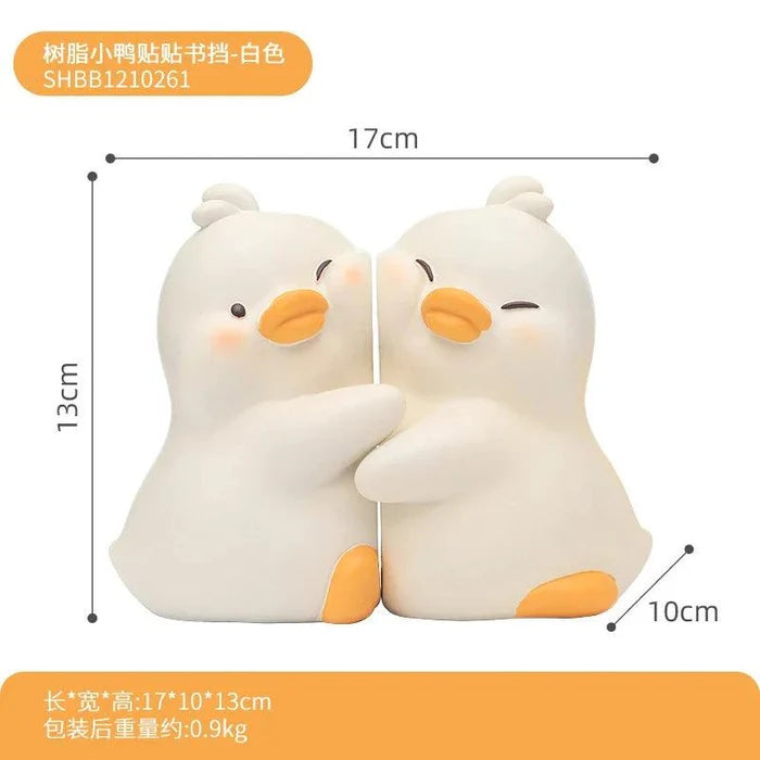 White duck book end set of two, shown with size outline and dimension marks