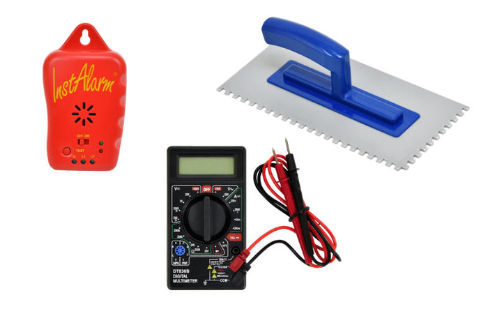 Complete radiant floor install kit with monitor, trowel, and multimeter