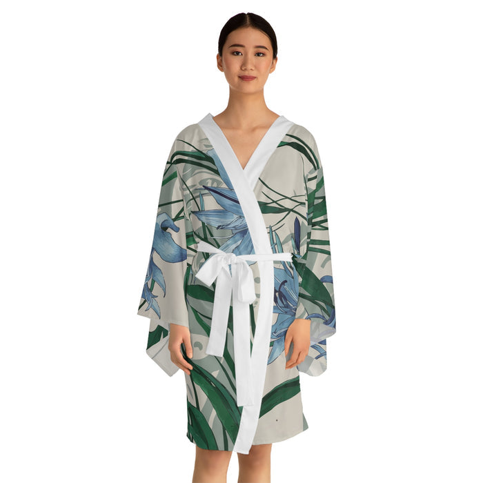 African Lily Kimono Robe - Long Sleeve Floral Wrap Cover-Up with Flowing Fit, Smooth Lightweight 100% Polyester, XS to 2XL