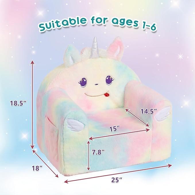 Pastel unicorn toddler sofa chair with horned headrest and rounded seat