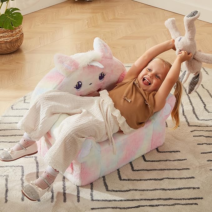 Unicorn toddler sofa chair with pastel plush and side wing-shaped arm cushions