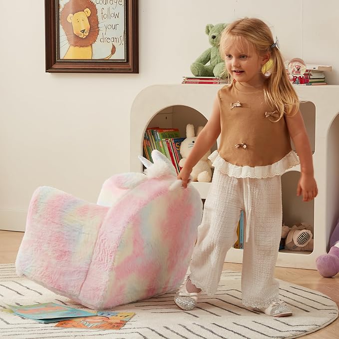 Rainbow pastel unicorn-shaped toddler chair with horned head and curved armrests