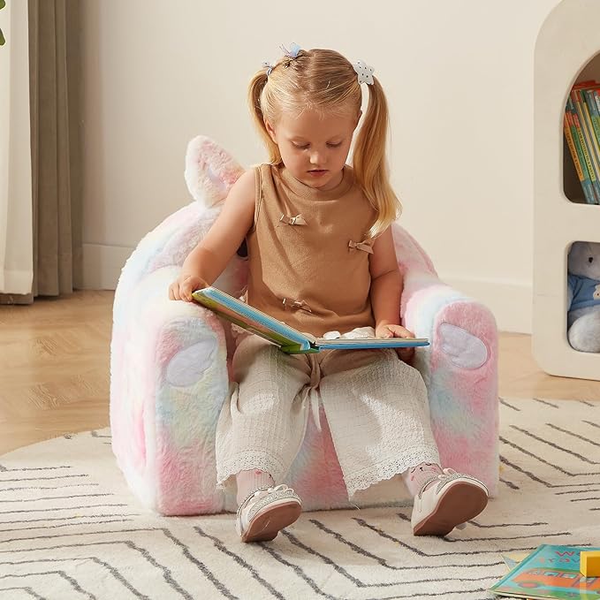Plush pastel unicorn toddler sofa chair with wide seat and comfy back support