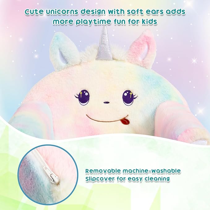 Close-up unicorn toddler sofa chair: horned head, smiling eyes, pastel plush