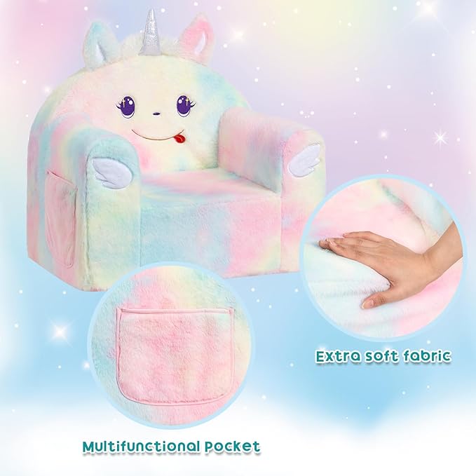 Unicorn toddler sofa chair with side pocket and extra-soft pastel plush cushions