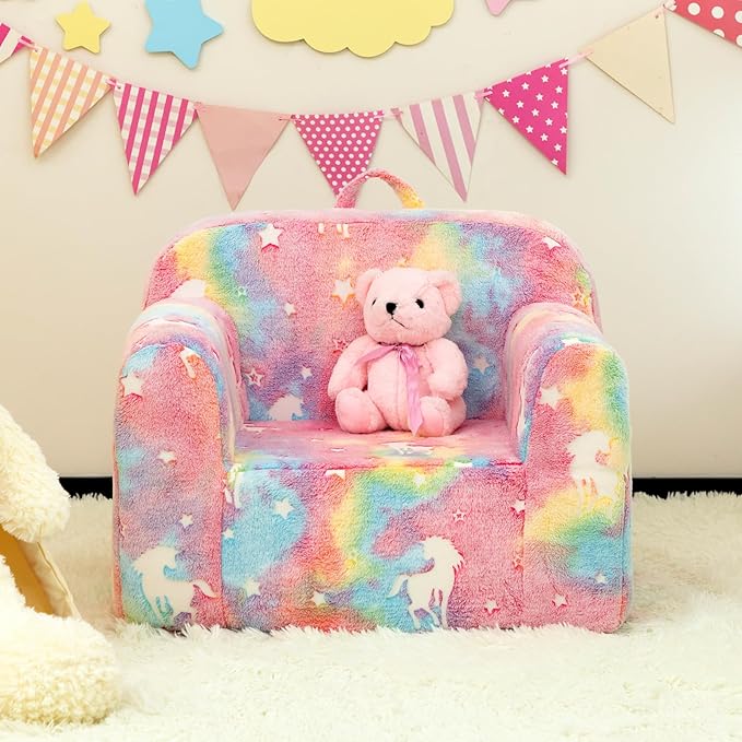 Kids sherpa reading chair, rainbow pastel unicorn and star print, compact foam seat