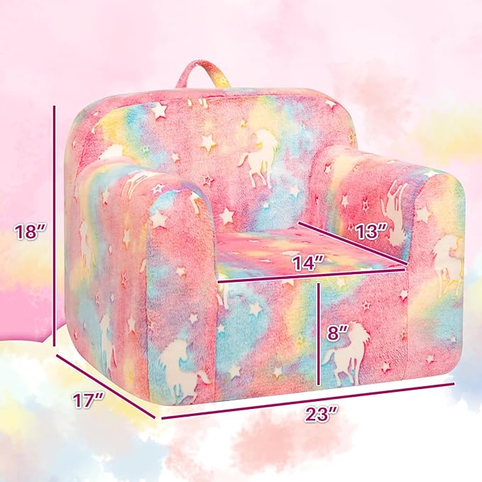 Kids sherpa reading chair, pastel rainbow unicorns and stars on pink plush
