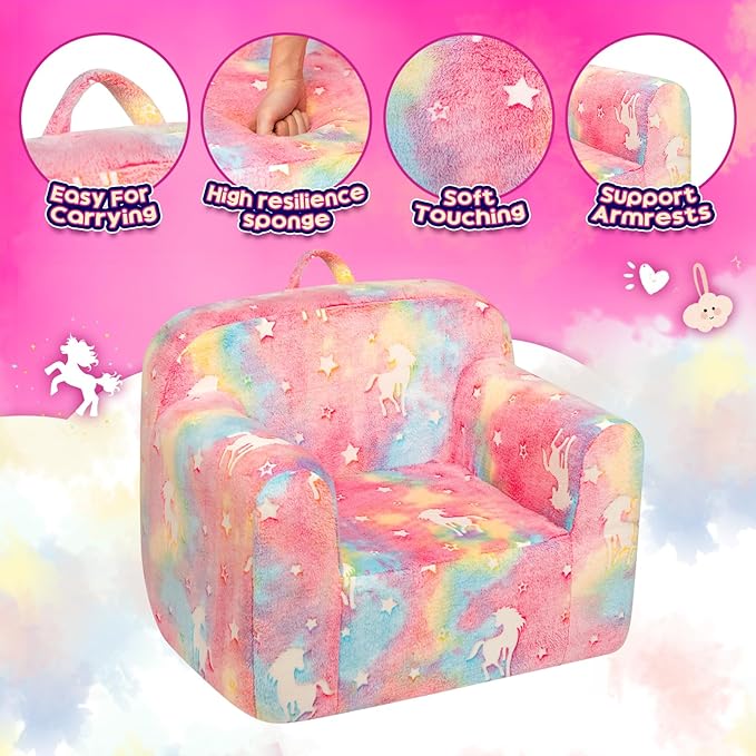 Kids sherpa reading chair, colorful unicorns and stars on pink plush upholstery