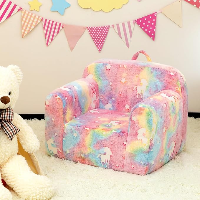 Kids sherpa reading chair, pastel rainbow unicorn and star print with handle top