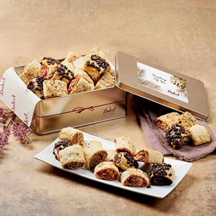 Gold rugelah assortment tin with assorted rugelah pieces and open gift tray