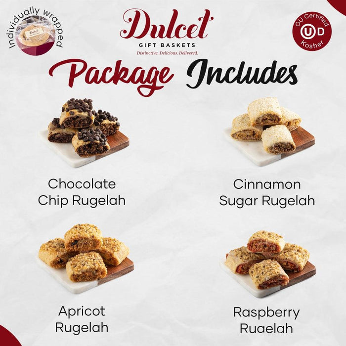 Dulcet package includes four rugelah flavors: chocolate chip, cinnamon sugar, apricot, raspberry