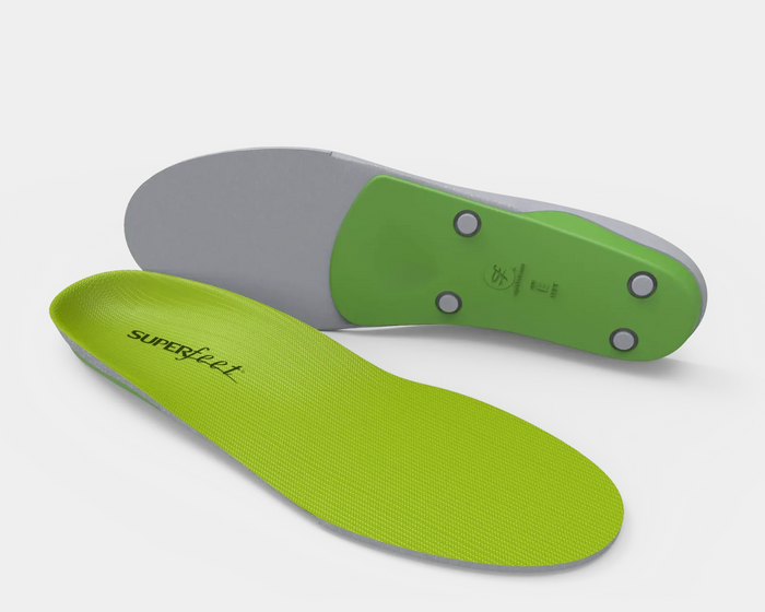 SuperFeet All-Purpose Support High Arch insoles in vibrant green with textured top layer and durable gray base, angled side and bottom view.