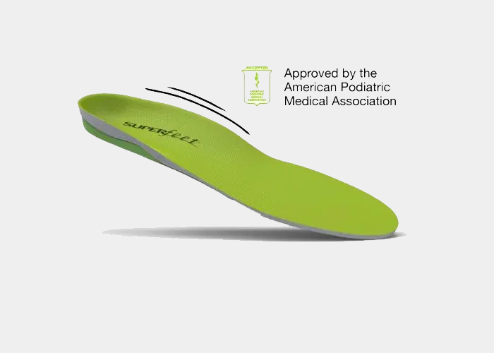 SuperFeet All-Purpose Support High Arch insoles in bright green with contoured design and high arch support, angled side view.