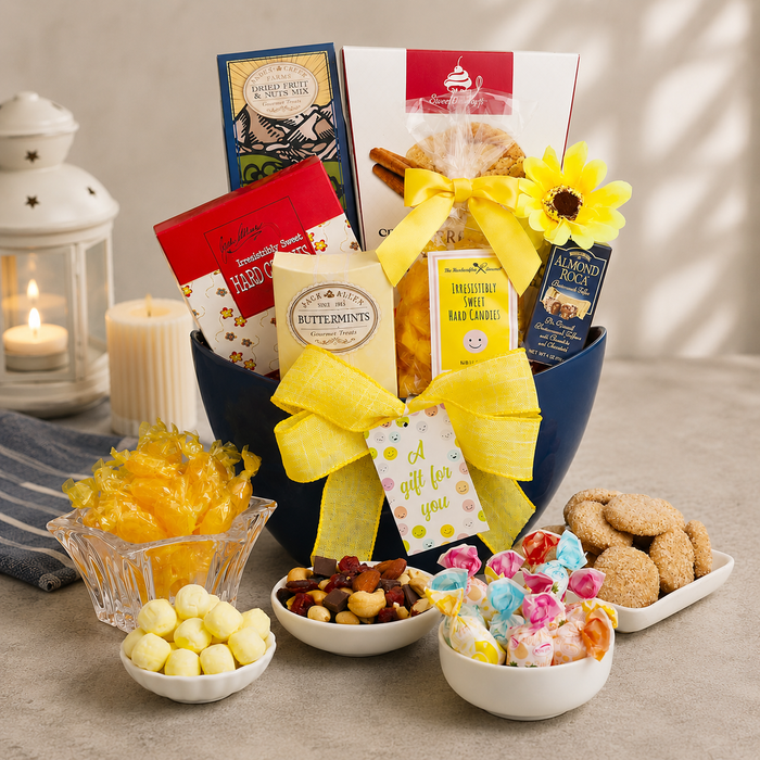 All Smiles gift basket with blue hamper, yellow bow, and assorted candy and snacks