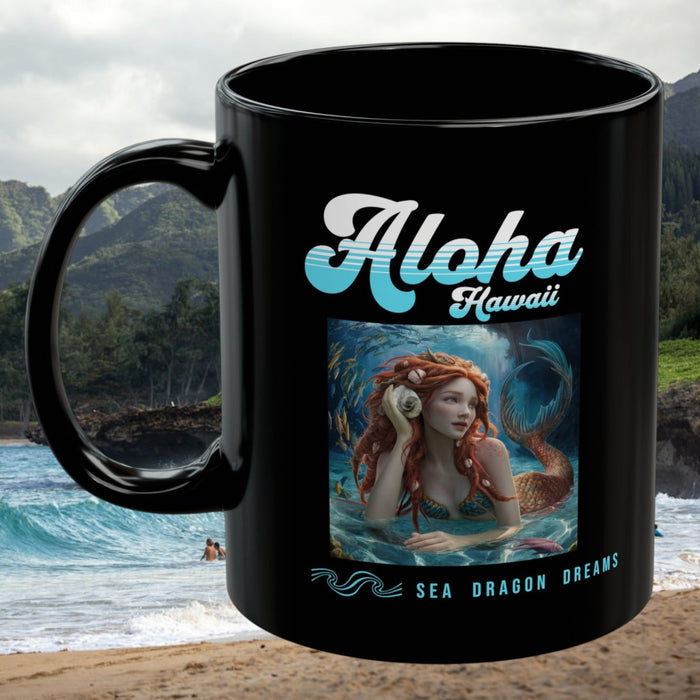 Black ceramic coffee mug with Aloha Hawaii graphic and sea dragon dreams print
