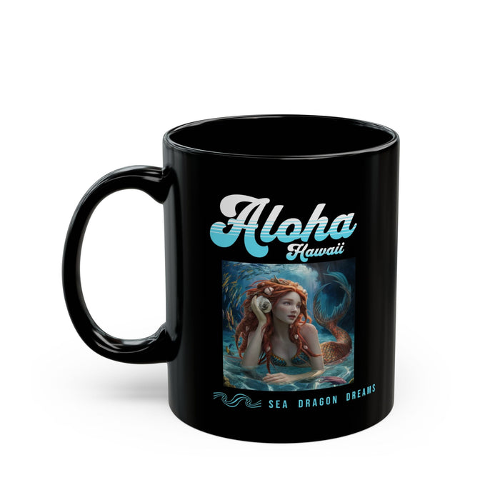 Black coffee mug with Aloha Hawaii logo and sea dragon dreams artwork, front view