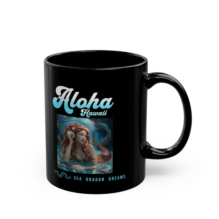 Black mug with Aloha Hawaii graphic and sea dragon dreams, front side view with handle