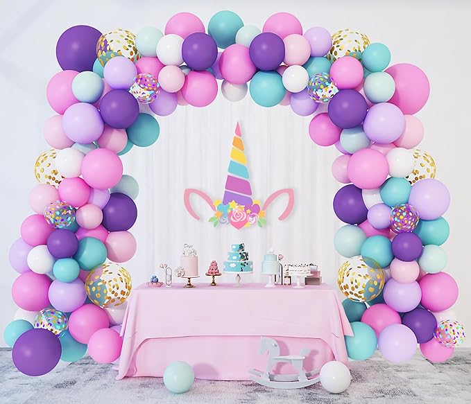 Unicorn balloon arch garland with pastel purple, pink, aqua and confetti balloons