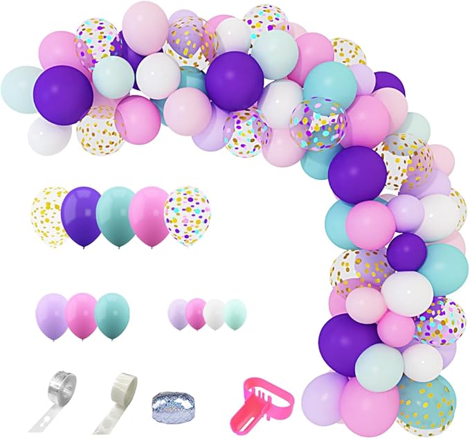 Pastel balloon garland kit with mixed-size plain and confetti balloons, purple, pink, aqua