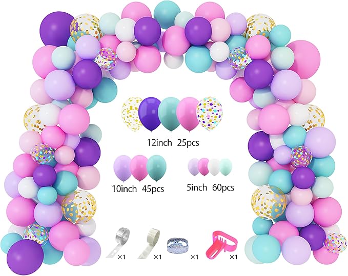 Unicorn balloon arch kit with mixed-size pastel purple, pink, aqua balloons and confetti prints
