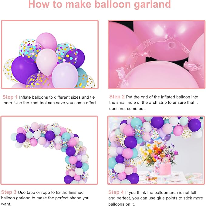 Balloon garland assembly guide showing balloon clusters and pink tying strip