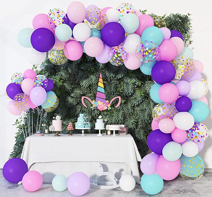 Unicorn balloon arch garland with pastel purple, pink, aqua and confetti balloons
